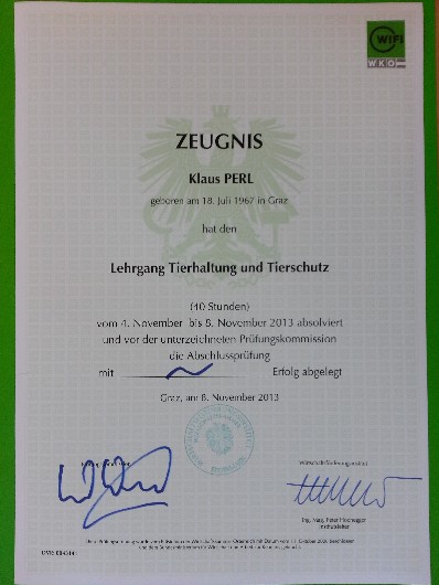 Zertifikat "Tierhaltung und Tierschutz" gemäß § 31 II TSchG i.V.m. § 9 I Z 4 TH-GewV